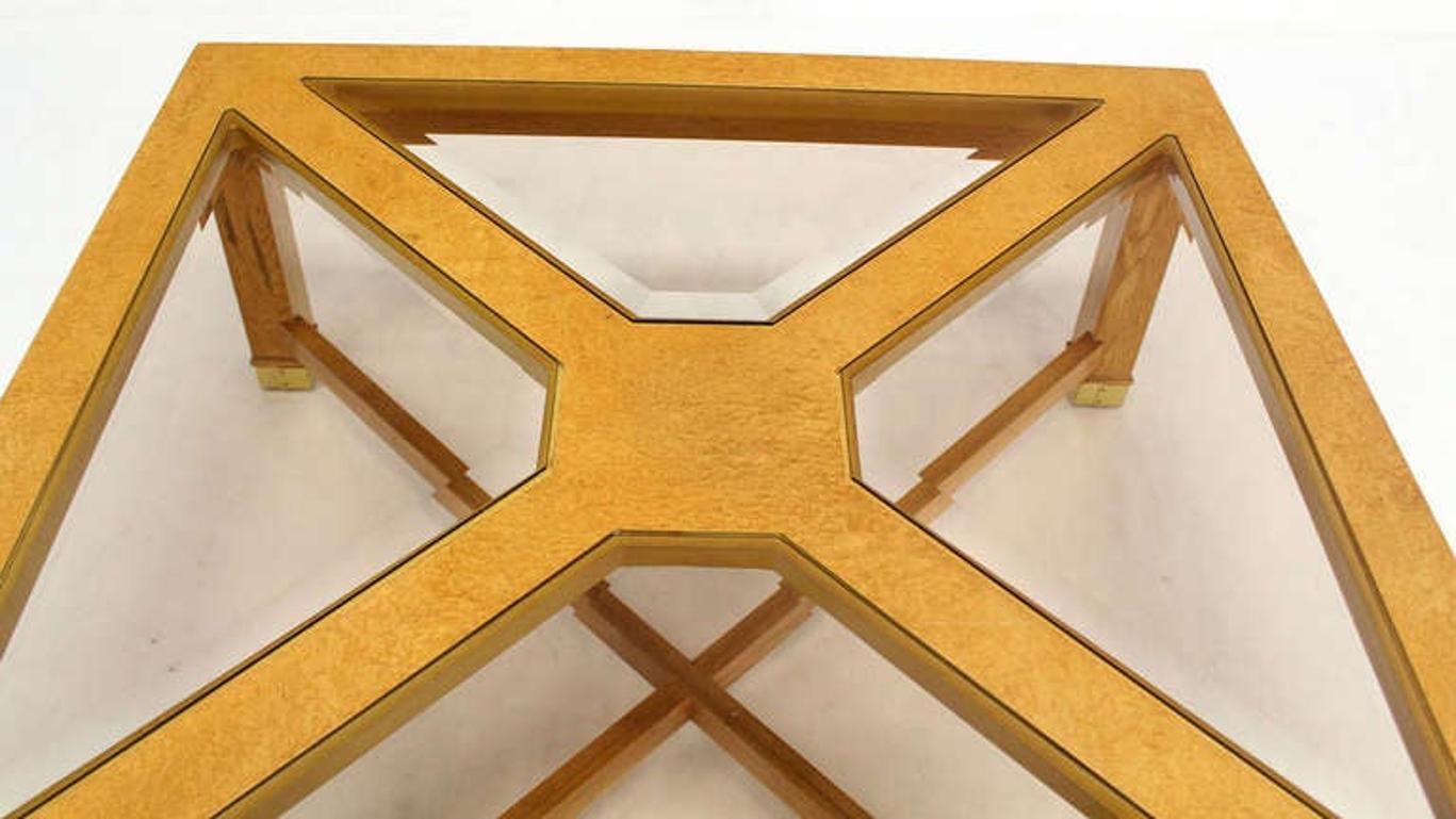 EstablishedLines Beveled Smoked Glass Bird's-Eye Maple Brass Square Legs Coffee Table MINT!