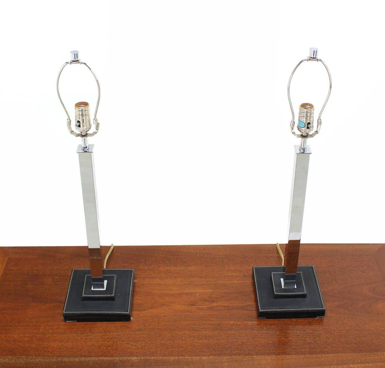 EstablishedLines Pair of Chrome Stitched Square Leather Bases  Modern Table Lamps by Nessen MINT