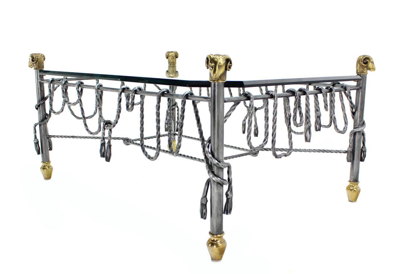 Ornate Wrought Iron Brass Ram Head Motive Glass Top Rectangle Coffee Table Mint