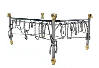 Ornate Wrought Iron Brass Ram Head Motive Glass Top Rectangle Coffee Table Mint