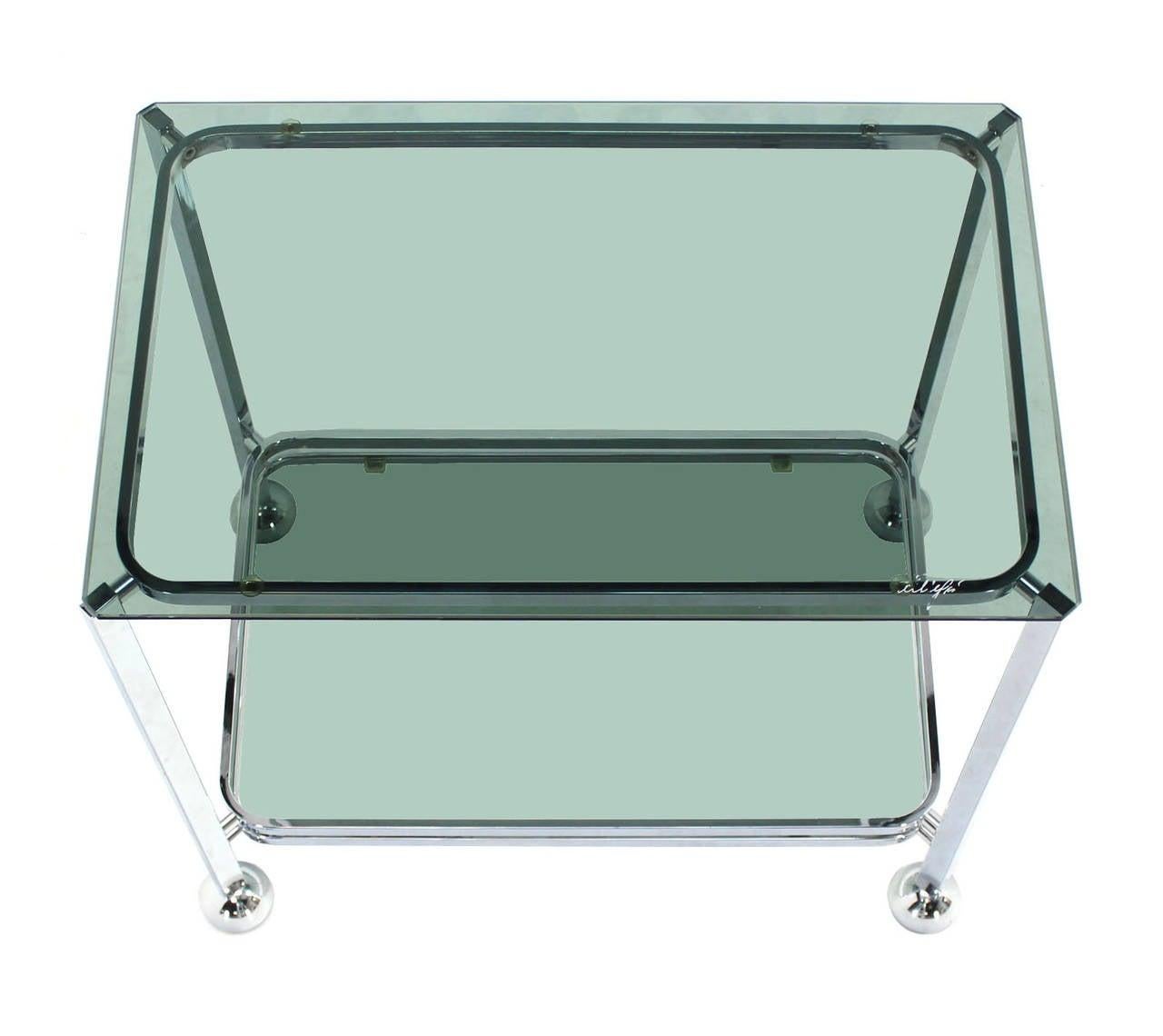 Chrome Tinted Smoked Glass Rolling Tea Cart with Concealed Wheels