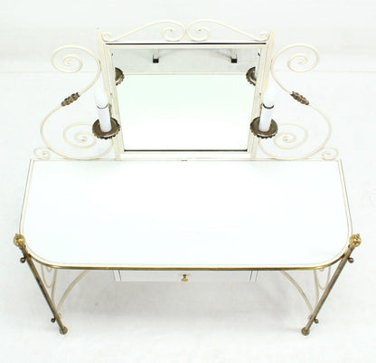 EstablishedLines Decorative Vanity Dressing Table Milk Glass Top Metal Scroll Brass Hardware