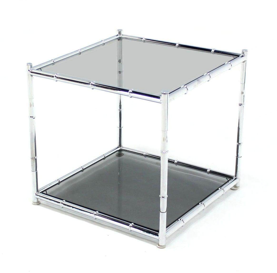 Pair of Cube Shape Chrome Faux Bamboo Frame End Tables Smoked Glass Top MINT!