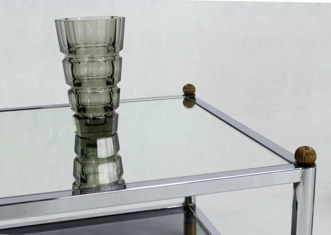 EstablishedLines Pair Square Chrome & Brass Smoked Glass Shelf Mirrored Top End Side Tables MINT!