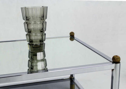 EstablishedLines Pair Square Chrome & Brass Smoked Glass Shelf Mirrored Top End Side Tables MINT!