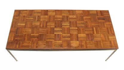 EstablishedLines Mid Century Modern Large Rectangle Brass Base Parquet Top Coffee Table MINT!