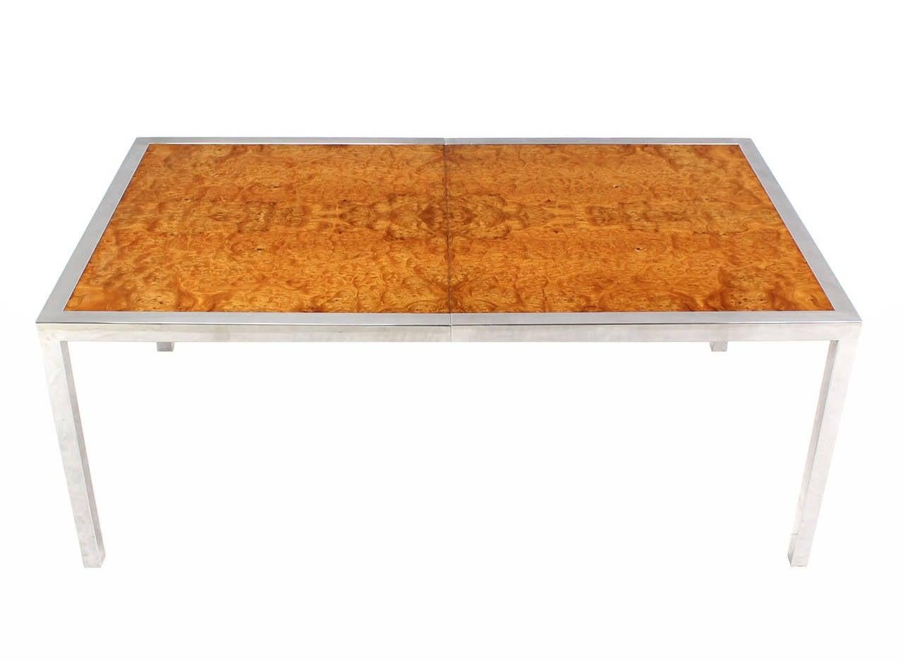 EstablishedLines Stainless Steel Chrome Base Amber Burl Wood Dining Conference Table Two Leaves