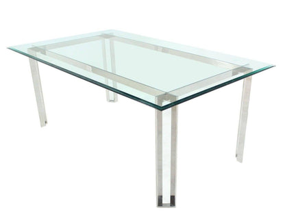 EstablishedLines Polished Stainless Steel Base  Thick Glass Top Dining Room Table Mid Century