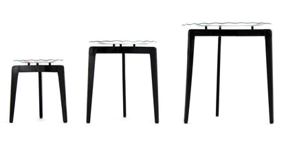 EstablishedLines Art Glass Scallop Edge Bowl Tray Top Tapered Leg Stackable Nesting Side Table