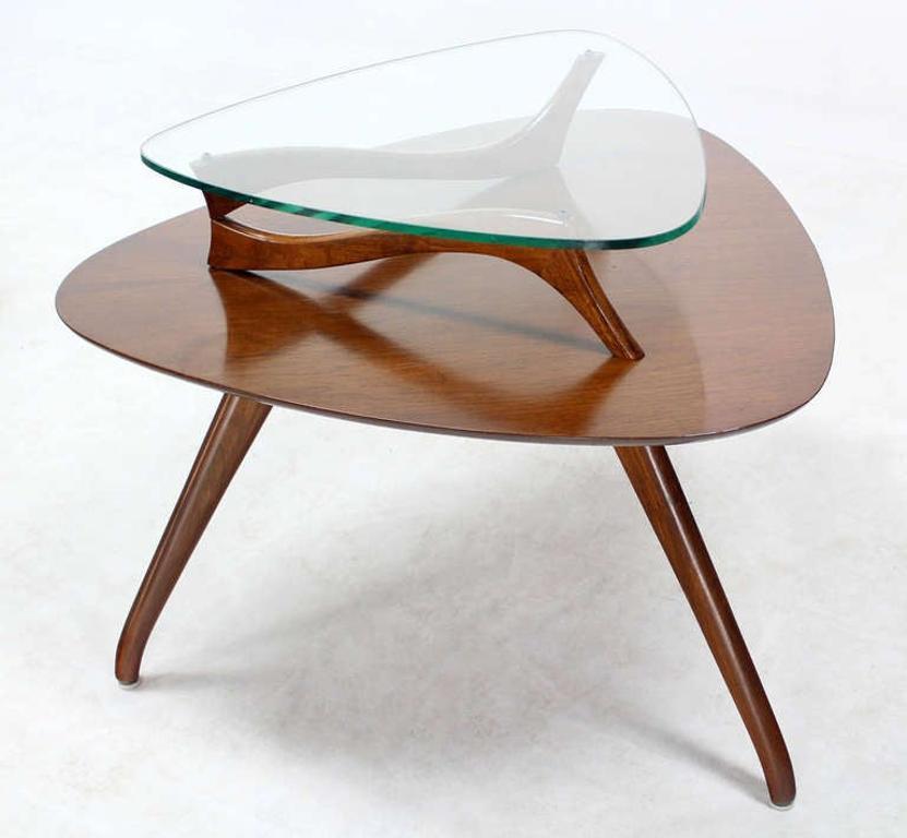 EstablishedLines Pair of Organic Shape Rounded Triangle End Tables with floating  Glass Tops MINT