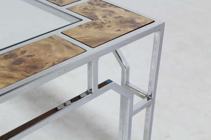 Mid Century Modern Chrome Glass Top Square Coffee Table w Burl Wood Inserts MINT