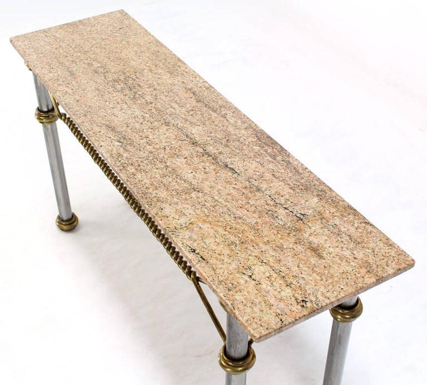 EstablishedLines Mid Century Modern Solid Brass "Rope" Chrome Base Marble Top Console Sofa Table