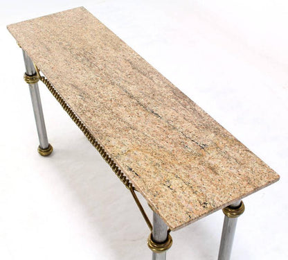 EstablishedLines Mid Century Modern Solid Brass "Rope" Chrome Base Marble Top Console Sofa Table