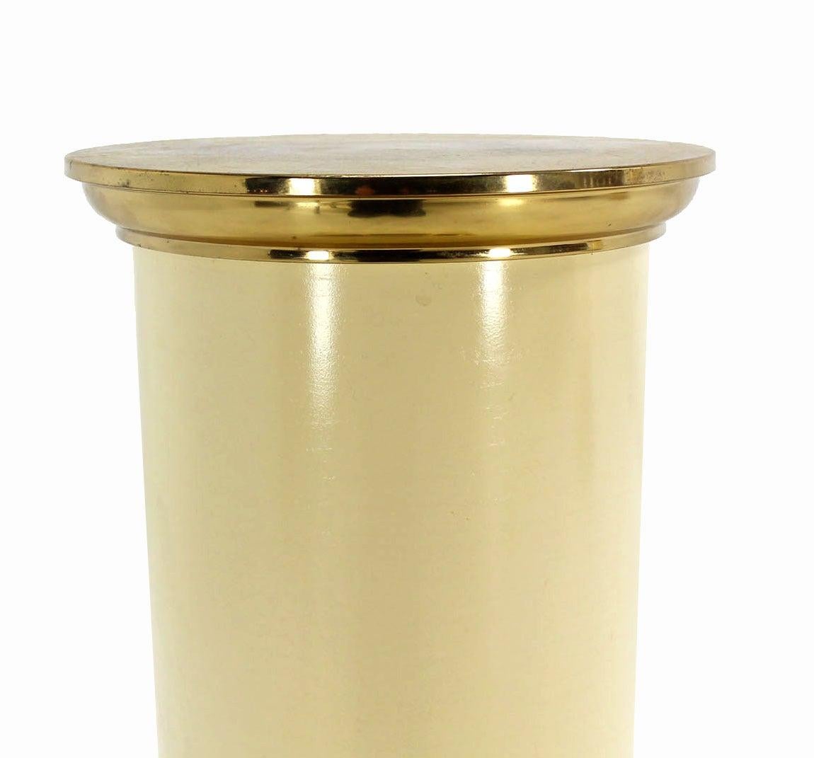 EstablishedLines Pair Brass and White Beige Lacquered Wood Round Pedestals Table Bases Stands