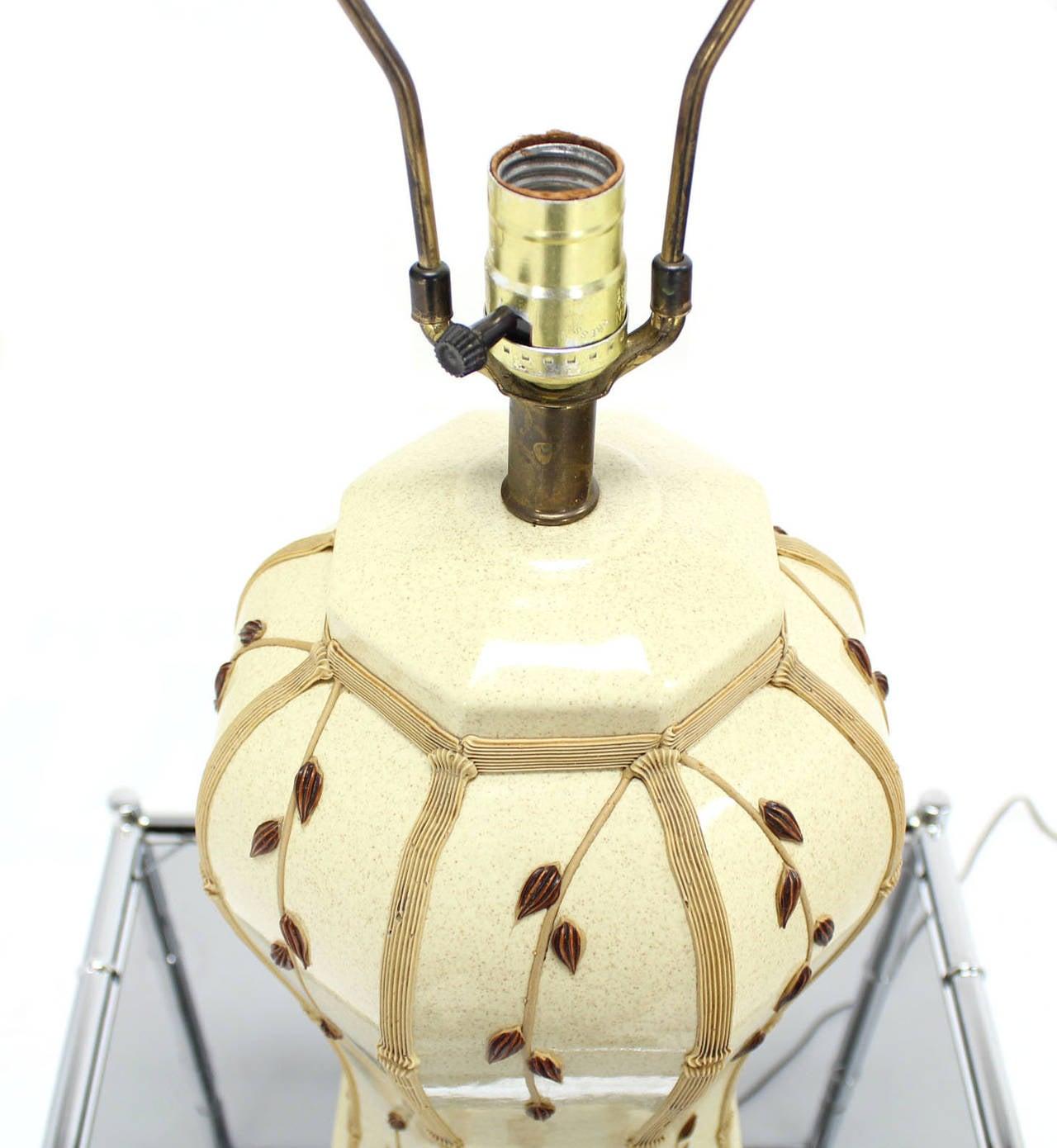 EstablishedLines Faux Bamboo Motive Art Pottery Decorated Mid-Century Modern Ceramic Lamp MITN!