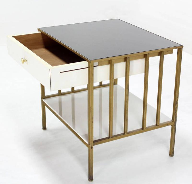 EstablishedLines Solid Brass Mid Century Modern End Side Table One Drawer Stand Smoked Glass Top