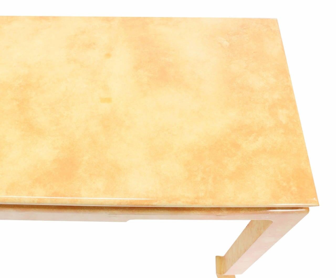 EstablishedLines Mid Century Modern Beige Faux Parchment Gloss Finish Lacquer Console Sofa Table