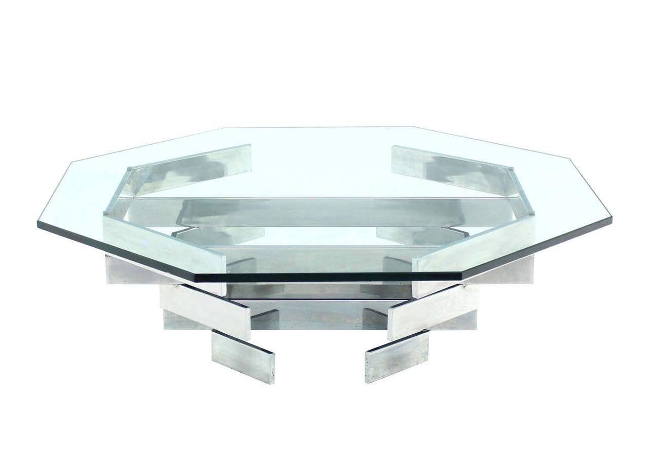 EstablishedLines Mid Century Modern Heavy "Stacked" Chrome Base Octagonal Glass Top Coffee Table