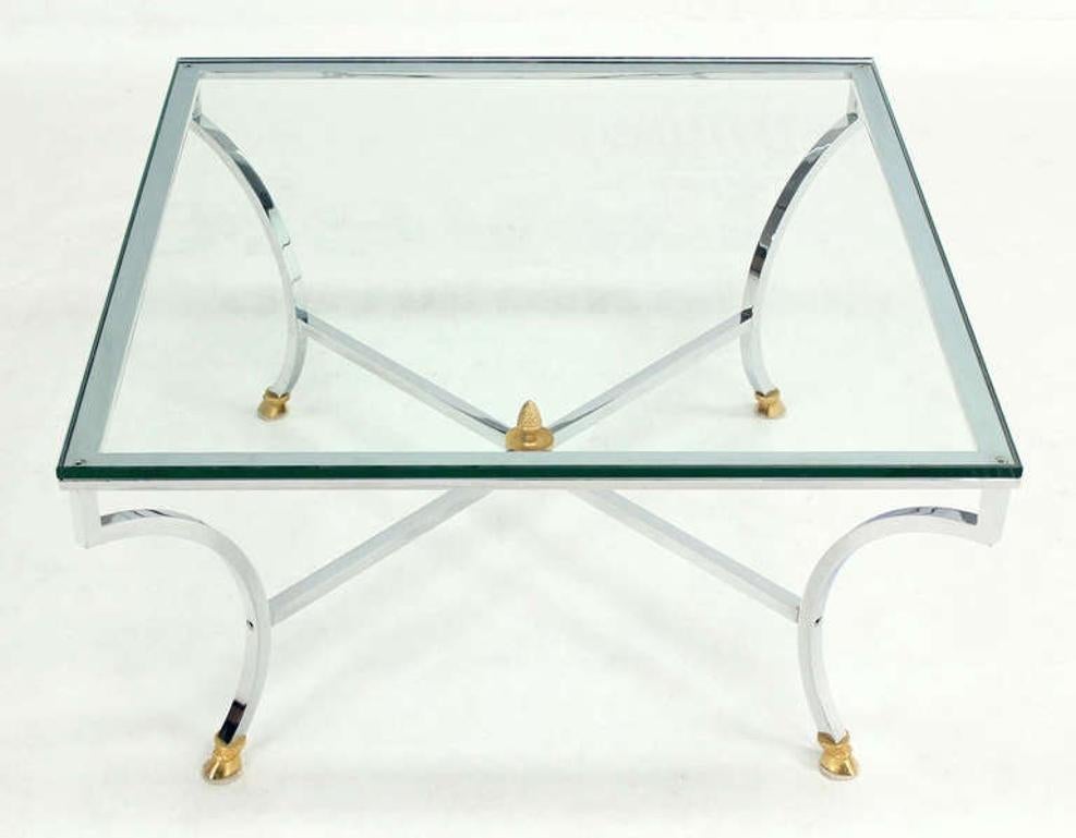 EstablishedLines Hoof Brass Feet Chrome X Shape Base 3/4" Glass Square Coffee Table Clean