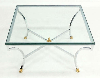 EstablishedLines Hoof Brass Feet Chrome X Shape Base 3/4" Glass Square Coffee Table Clean