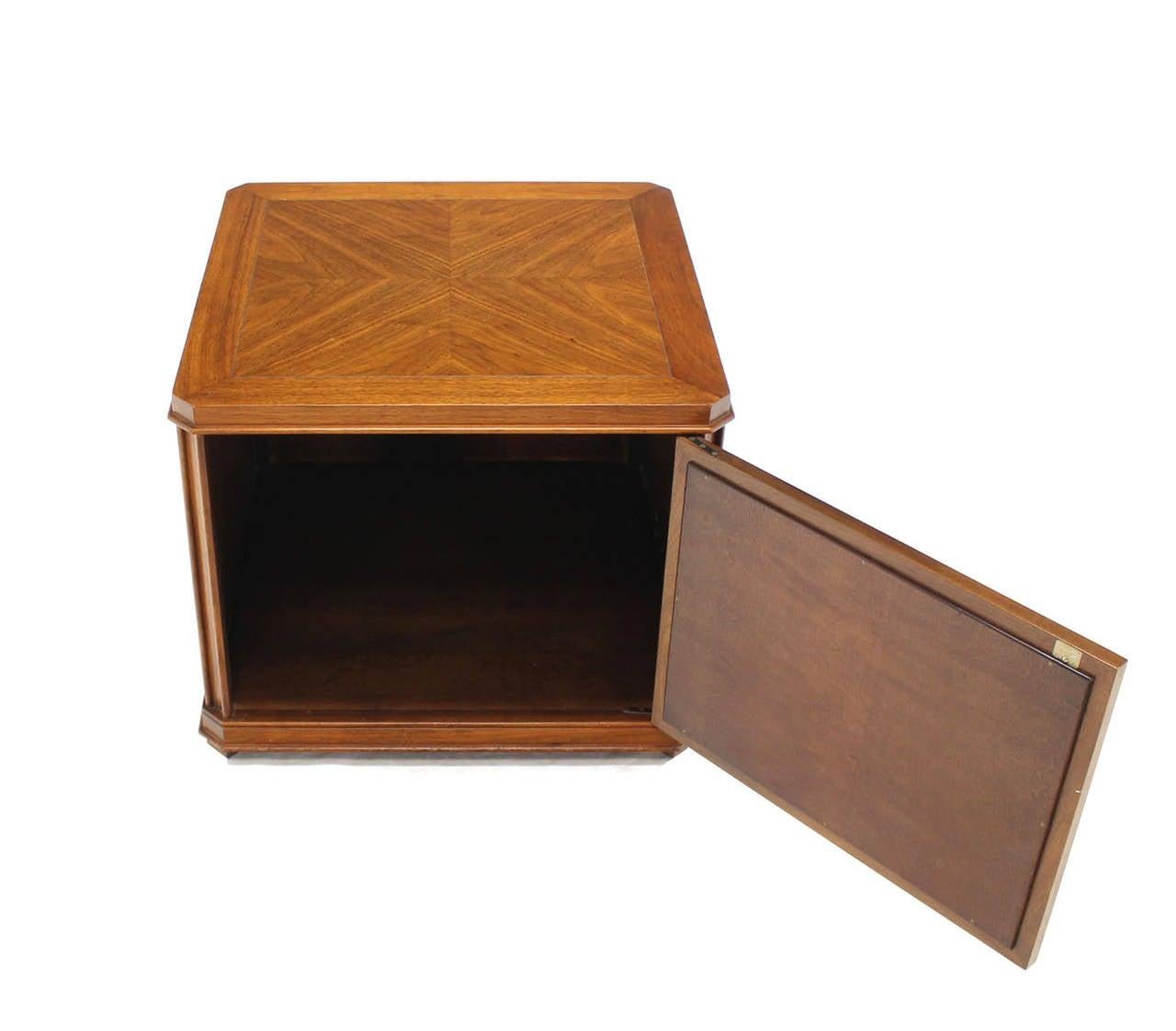 EstablishedLines Walnut Carved Honeycomb Pattern One Door Cube Square Shape Side End Table Stand