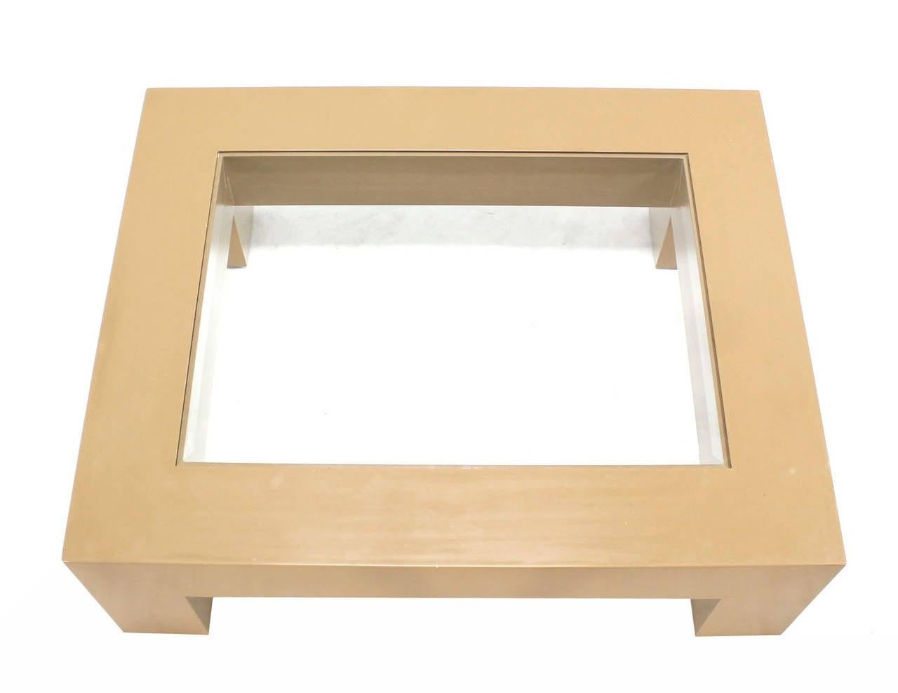 EstablishedLines Heavy Thick Square Legs  Beige Lacquer Base Glass Top Rectangle Coffee Table