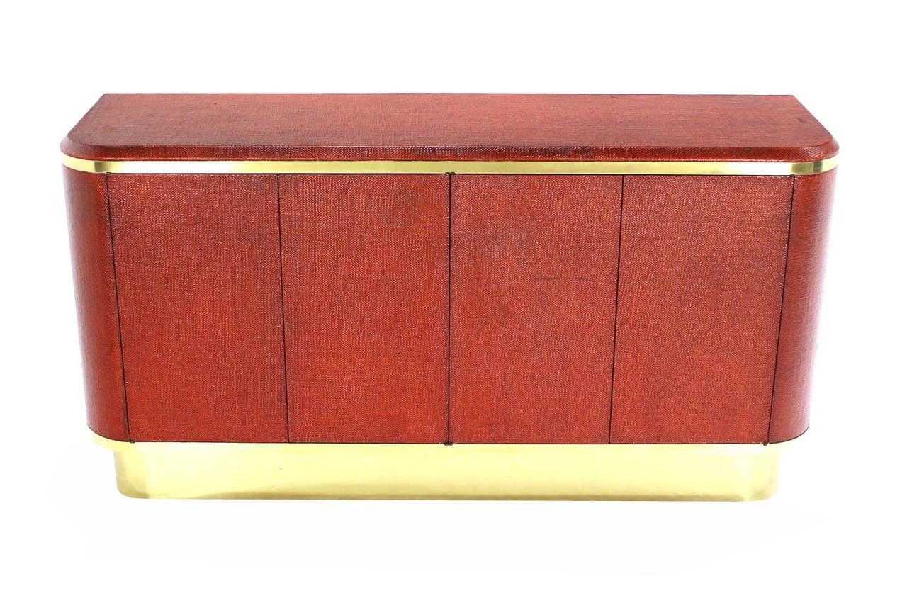 Grass Cloth Brass Credenza 4 Doors Cabinet Sideboard Red Brick Color MINT!