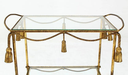 EstablishedLines Midcentury Italian Gold Gilt Metal Rope and Tassels Glass Top Bar Tea Cart Wheel