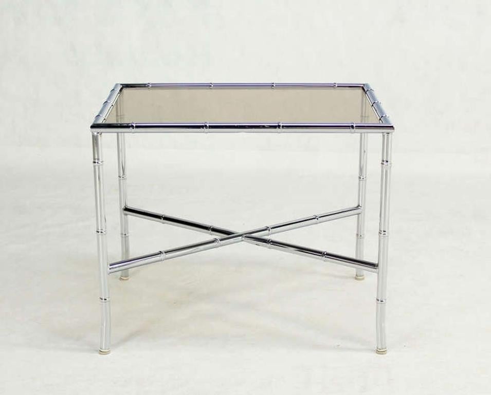 EstablishedLines Pair of Faux Bamboo X Shape Bases  Chrome and Smoked Glass End Tables MINT!