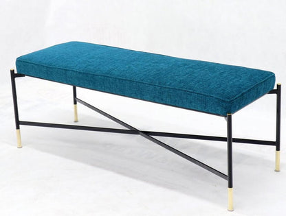 Pair of Italian Mid-Century Modern New Blue Upholstery X-Stretchers Benches