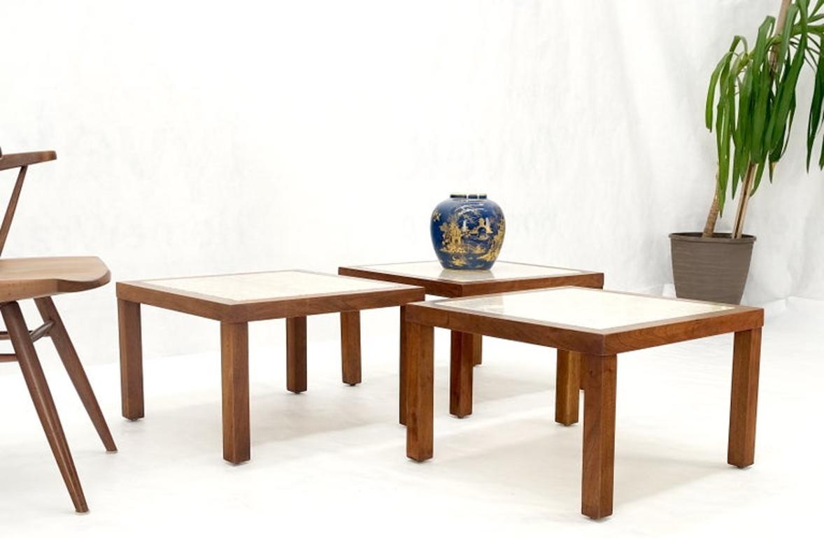 Set of Mid Century Solid Walnut Bases Travertine Tops End Side Occasional Tables