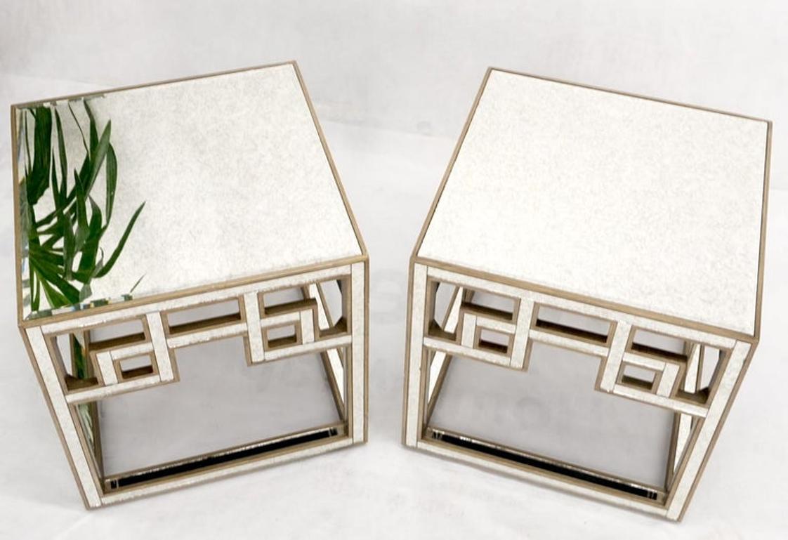 Pair of Greek Motive Square Bevelled Mirrors Mirrored End Tables Nightstands