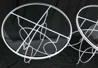 Pair of Midcentury Ice Cream Style Round Folding Cafe Tables Glass Tops