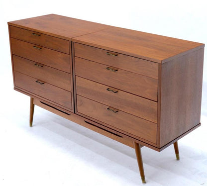 Three Pcs Mid-Century Modern Oiled Walnut Chest Dresser Credenza w/ Waive Pulls