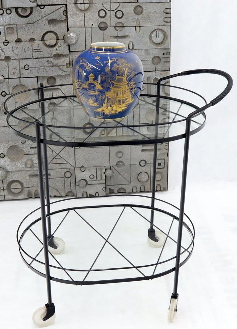 Oval Mid-Century Modern Black Lacquer Serving Bar Tea Cart