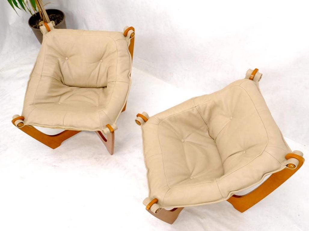 Pair of Mid Century Danish Modern Teak Frames Leather Sling Seat Lounge Chairs