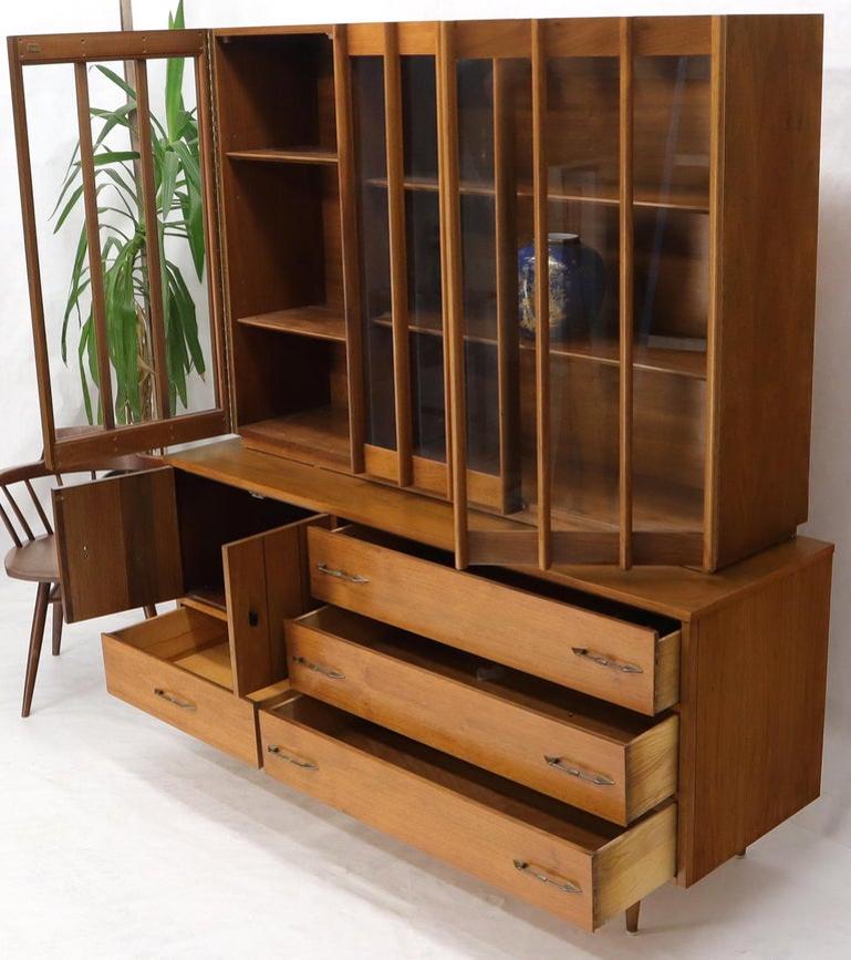 Walnut mid century modern two-part hutch credenza display cabinet glass doors