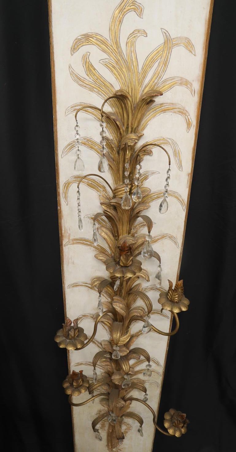 Very Large Tall Gold Gilt Metal Crystal Decorated Wall Candle Holders Sconce