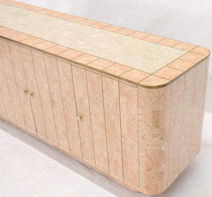 Rounded Corners Tessellated Stone Brass Inlay 4 Doors Credenza Cabinet