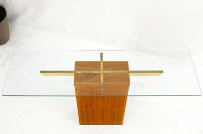 Danish Mid-Century Modern Teak Brass Glass Top Pedestal Base Console Sofa Table