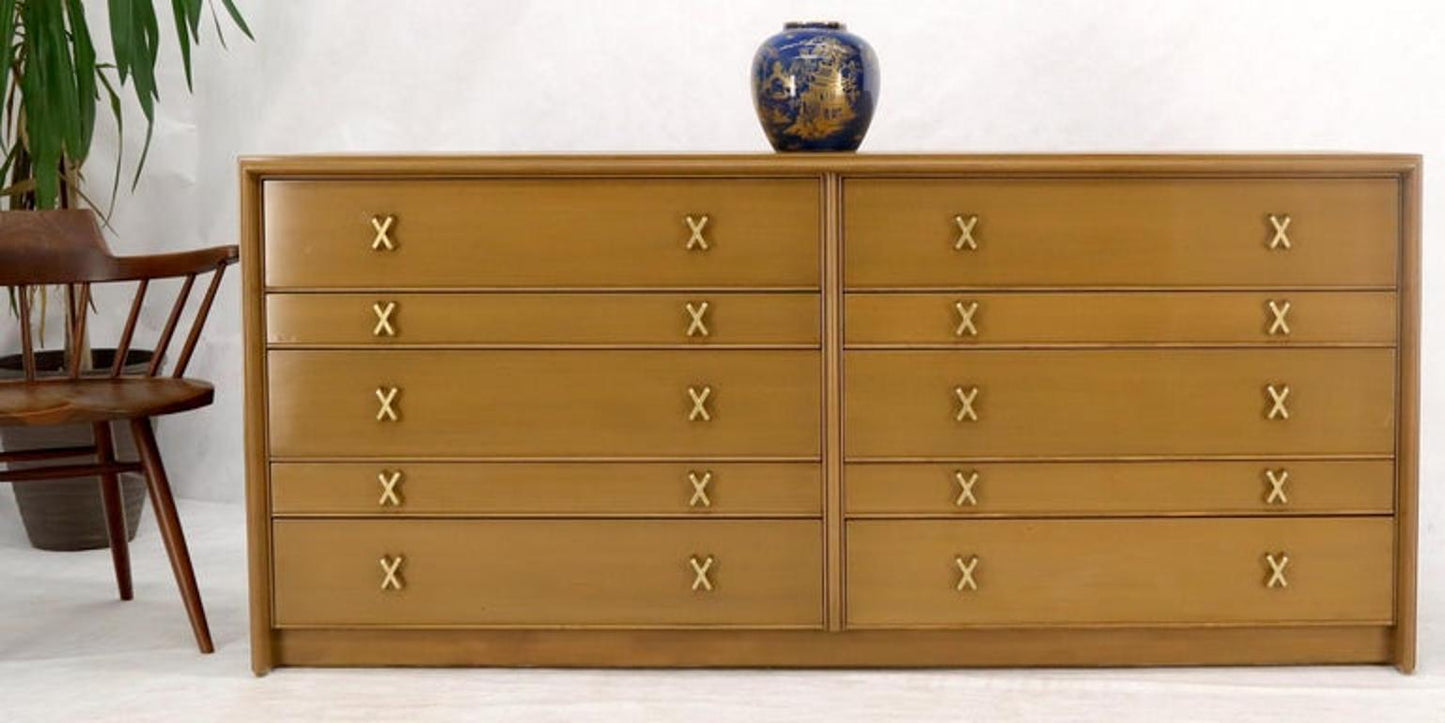 Paul Frankl for Johnson Furniture 10 Drawer Double Dresser Solid Brass X Pulls
