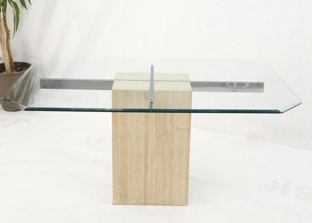 Single Travertine Rectangle Base Chrome Stretchers Glass Top Dining Table Italy