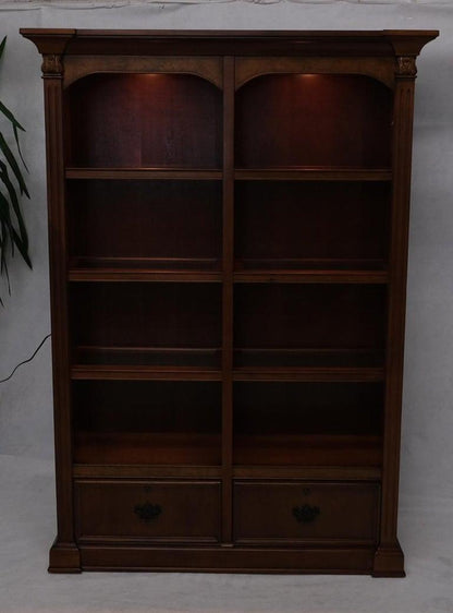 Large Colonial Two Drawer Compartment Double Bookcase Shelf Wall Unit Lights