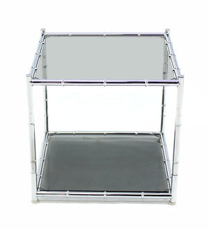 Pair of Cube Shape Chrome Faux Bamboo Frame End Tables Smoked Glass Top