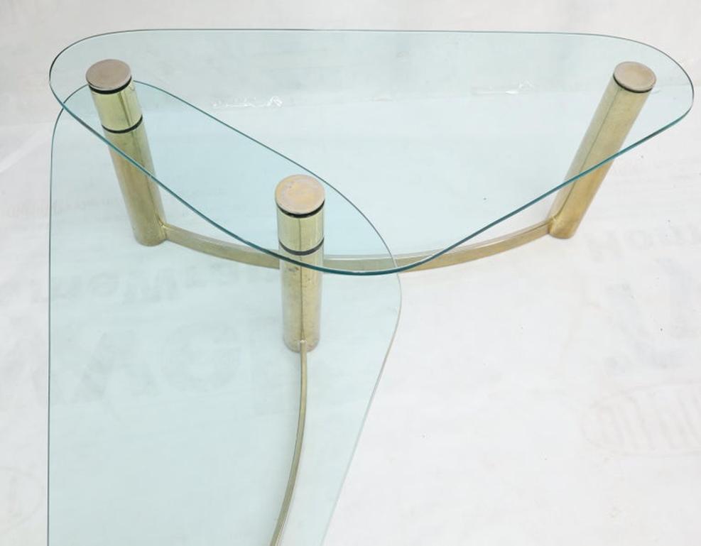 Two-Tier "L" Shape Glass and Brass Organic Kidney Shape Coffee Table