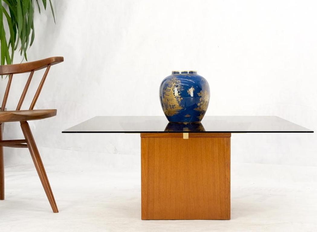 Teak Cube & Brass X Base Danish Modern Bronze Smoked Square Glass Coffee Table