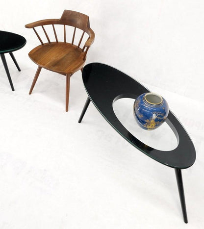 Pair Glass Top Black Lacquer Oval Pierced Shape Solid Tops End Side Tables Stand