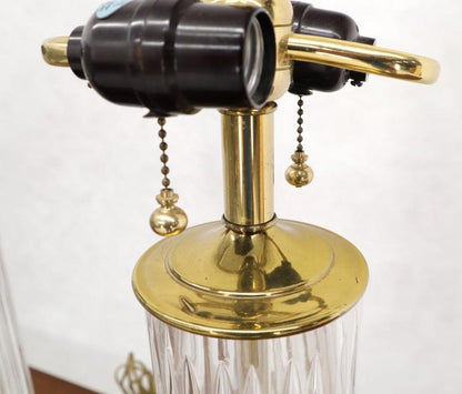 Pair of Fine Cut Glass Crystal Cylinder Shape Table Lamps on Brass Bases