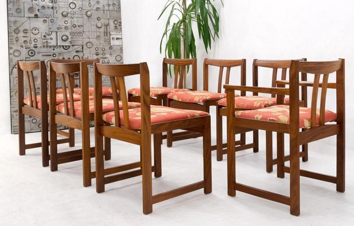 Set of 8 Solid Rosewood Red Linen Fabric Upholstery Dining Arm Side Chairs