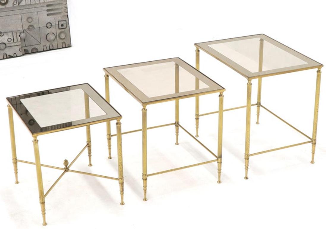 Set of 3 Brass Mirrored Border Glass Tops Nesting Stacking Tables